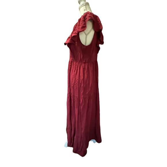 Shirt Ruffled Sleeve Romantic Maxi Burgundy Dress Ruched  Chest and Open Back - Picture 5 of 7